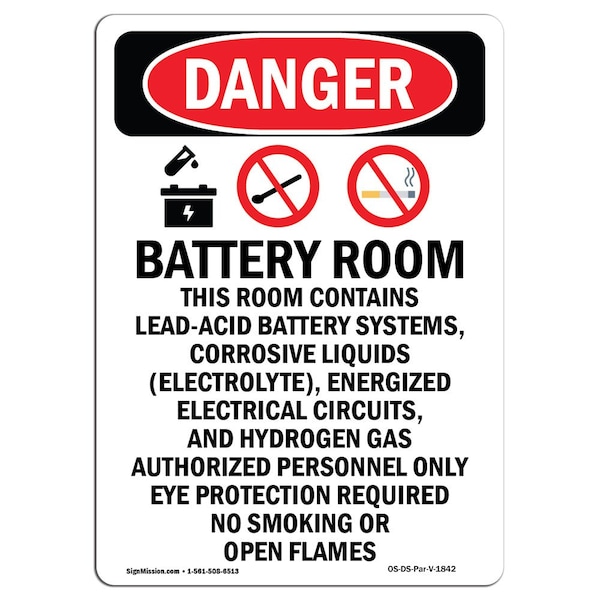 Safety Sign, OSHA Danger, 5" Height, Battery Room This, Portrait, 10PK